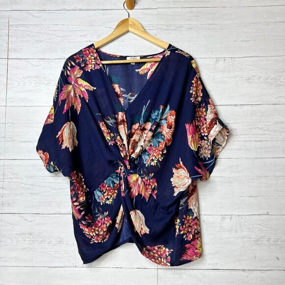 Umgee Blouse Womens Size Medium Navy Twisted Sister Floral Print Reversible Knot - Picture 1 of 16